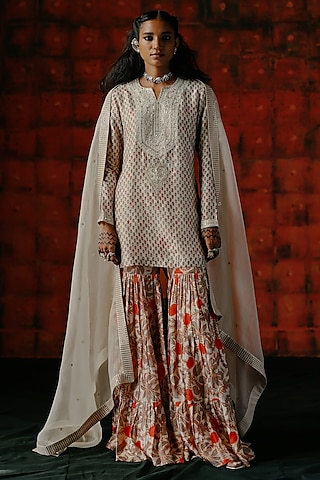 Pearl White Dupion Silk Zari & Sequins Embroidered Kurta Set by Drishti & Zahabia