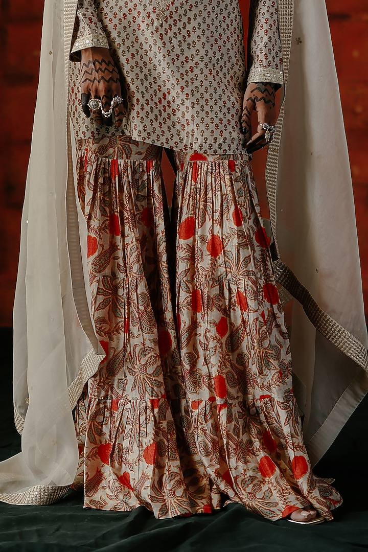 Pearl White Dupion Silk Zari & Sequins Embroidered Kurta Set by Drishti & Zahabia at Pernia's Pop Up Shop