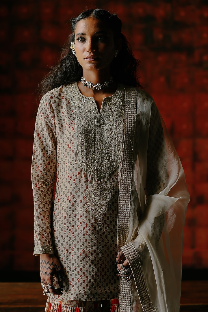 Pearl White Dupion Silk Zari & Sequins Embroidered Kurta Set by Drishti & Zahabia at Pernia's Pop Up Shop