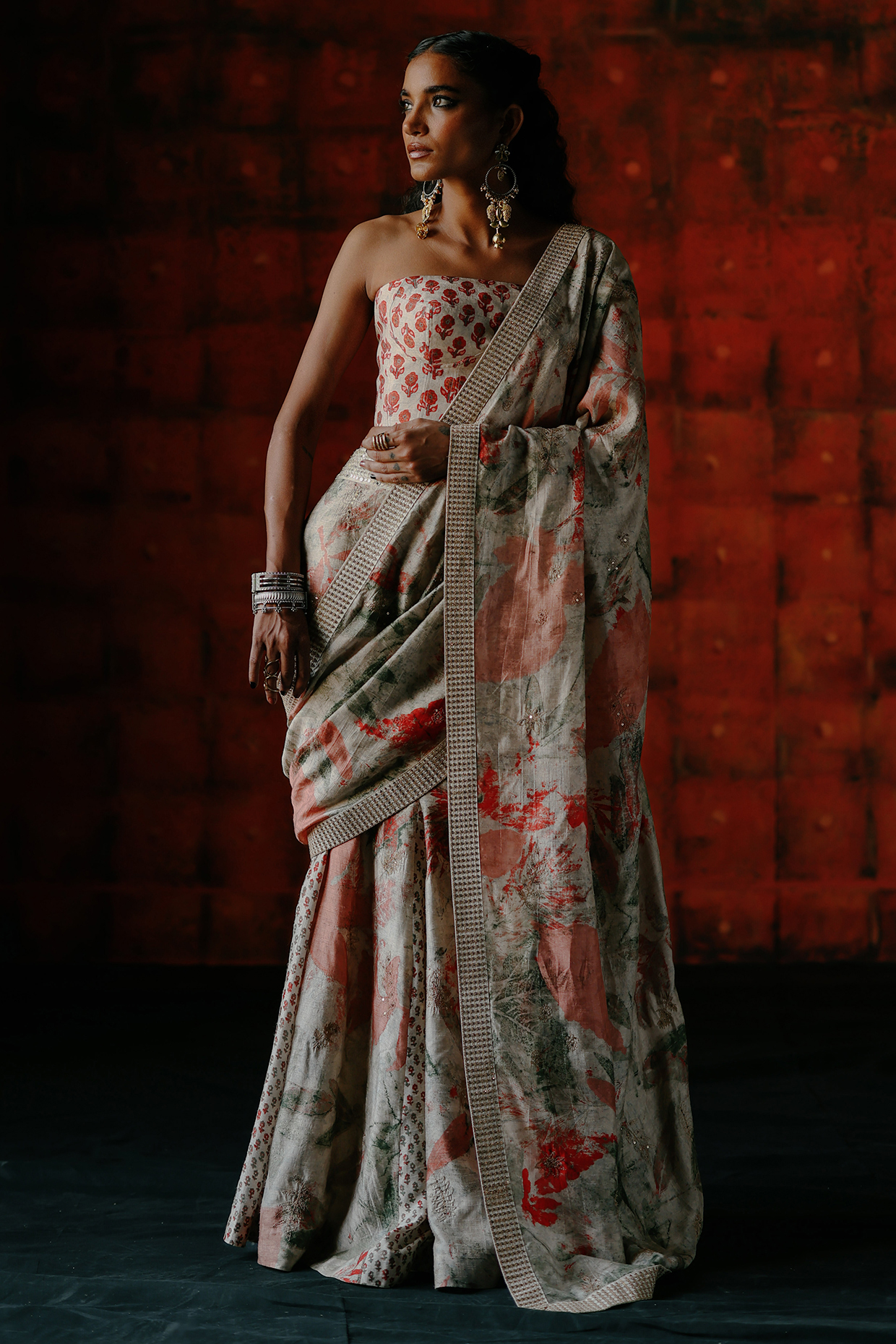 Pearl White Dupion Silk Ajrakh Printed Fishail Pre-Stitched Wedding Saree Set by Drishti & Zahabia at Pernia's Pop Up Shop