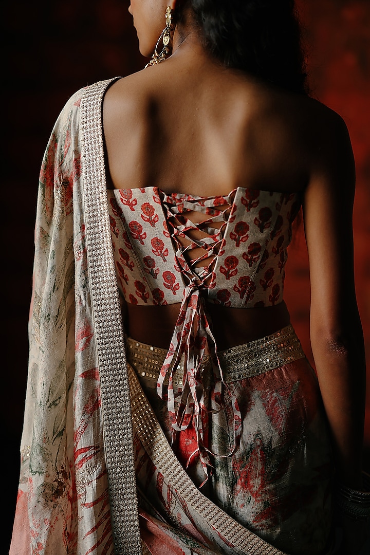 Pearl White Dupion Silk Ajrakh Printed Fishail Pre-Stitched Wedding Saree Set by Drishti & Zahabia at Pernia's Pop Up Shop
