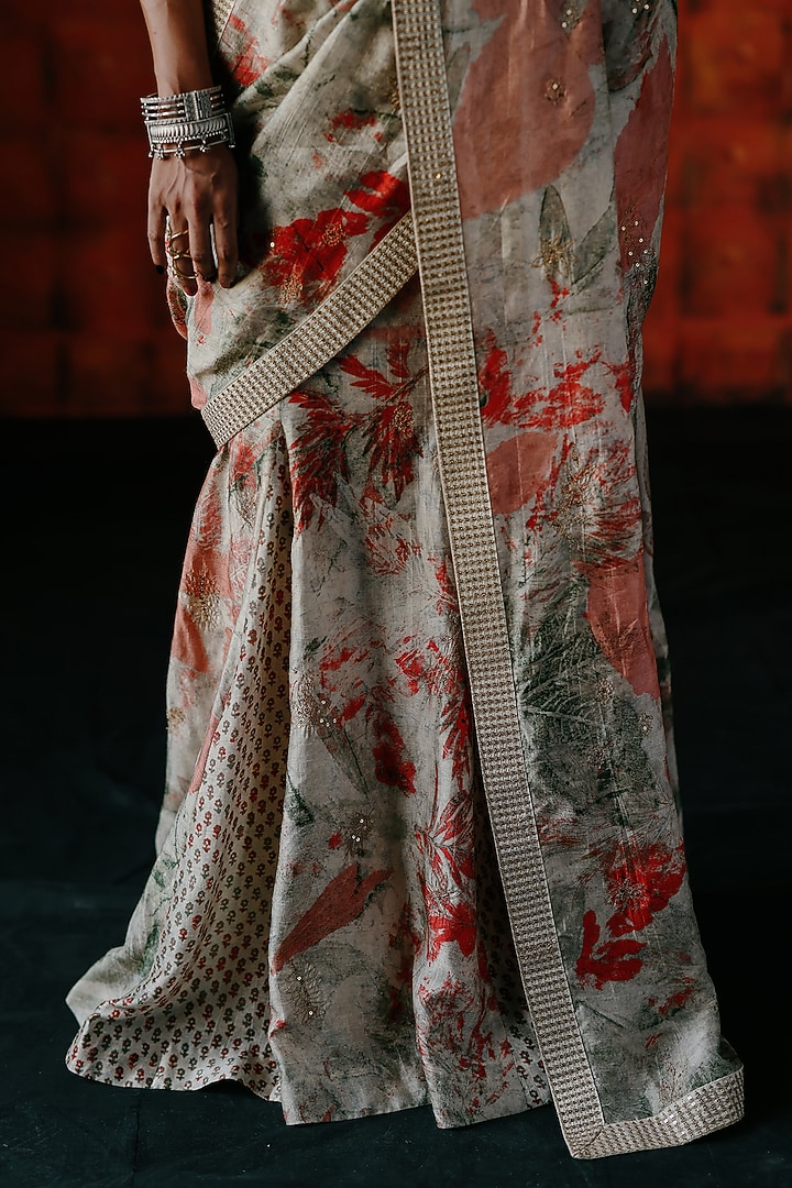 Pearl White Dupion Silk Ajrakh Printed Fishail Pre-Stitched Wedding Saree Set by Drishti & Zahabia at Pernia's Pop Up Shop