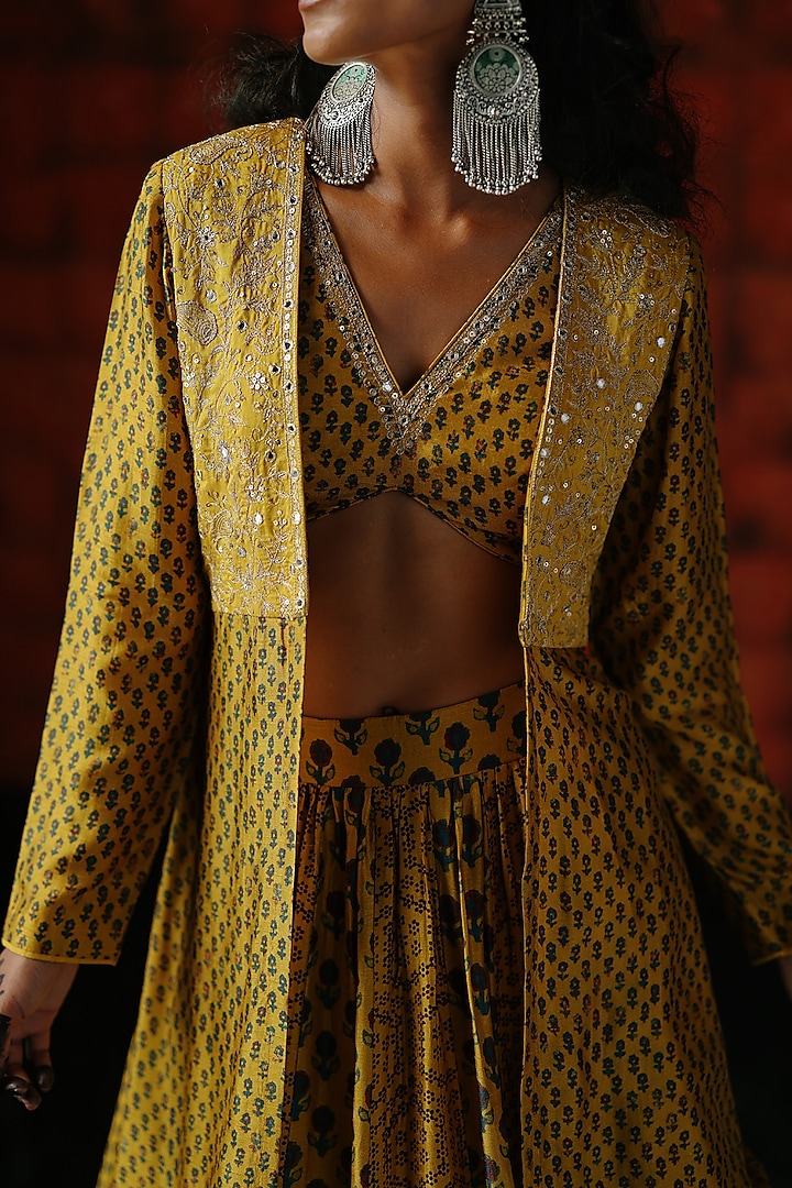 Amber Yellow Dupion Silk Printed Panelled Skirt Set by Drishti & Zahabia at Pernia's Pop Up Shop