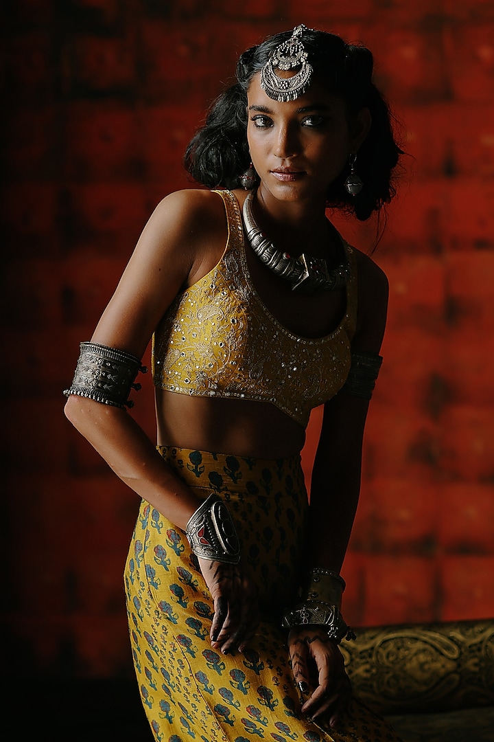Amber Yellow Dupion Silk Printed Pant Set by Drishti & Zahabia at Pernia's Pop Up Shop