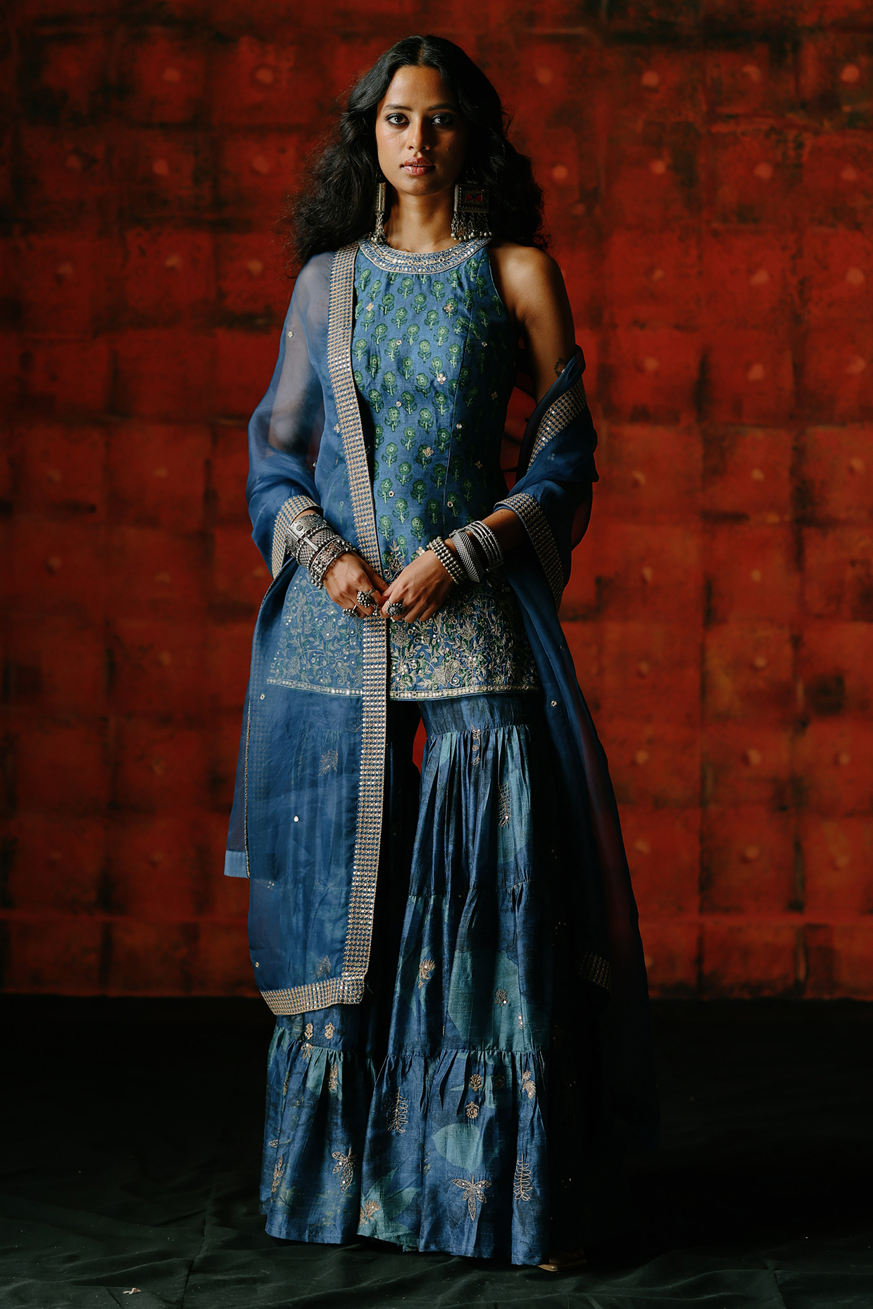 Indigo Blue Dupion Silk Printed Wedding Sharara Set by Drishti & Zahabia at Pernia's Pop Up Shop