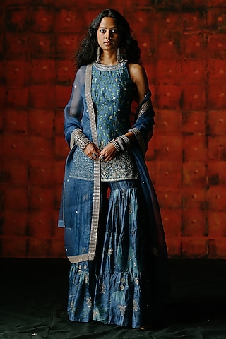 Indigo Blue Dupion Silk Printed Sharara Set by Drishti & Zahabia
