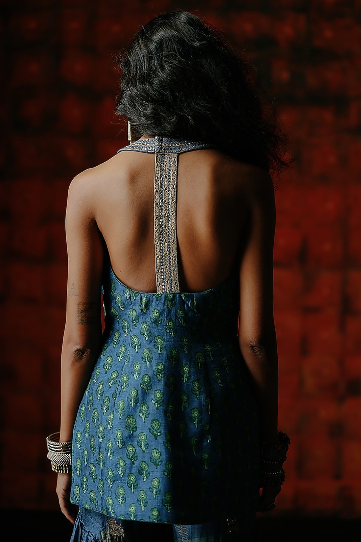 Indigo Blue Dupion Silk Printed Wedding Sharara Set by Drishti & Zahabia at Pernia's Pop Up Shop