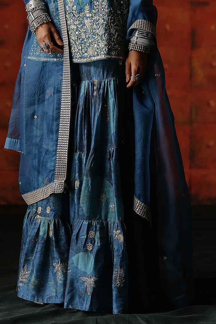 Indigo Blue Dupion Silk Printed Wedding Sharara Set by Drishti & Zahabia at Pernia's Pop Up Shop