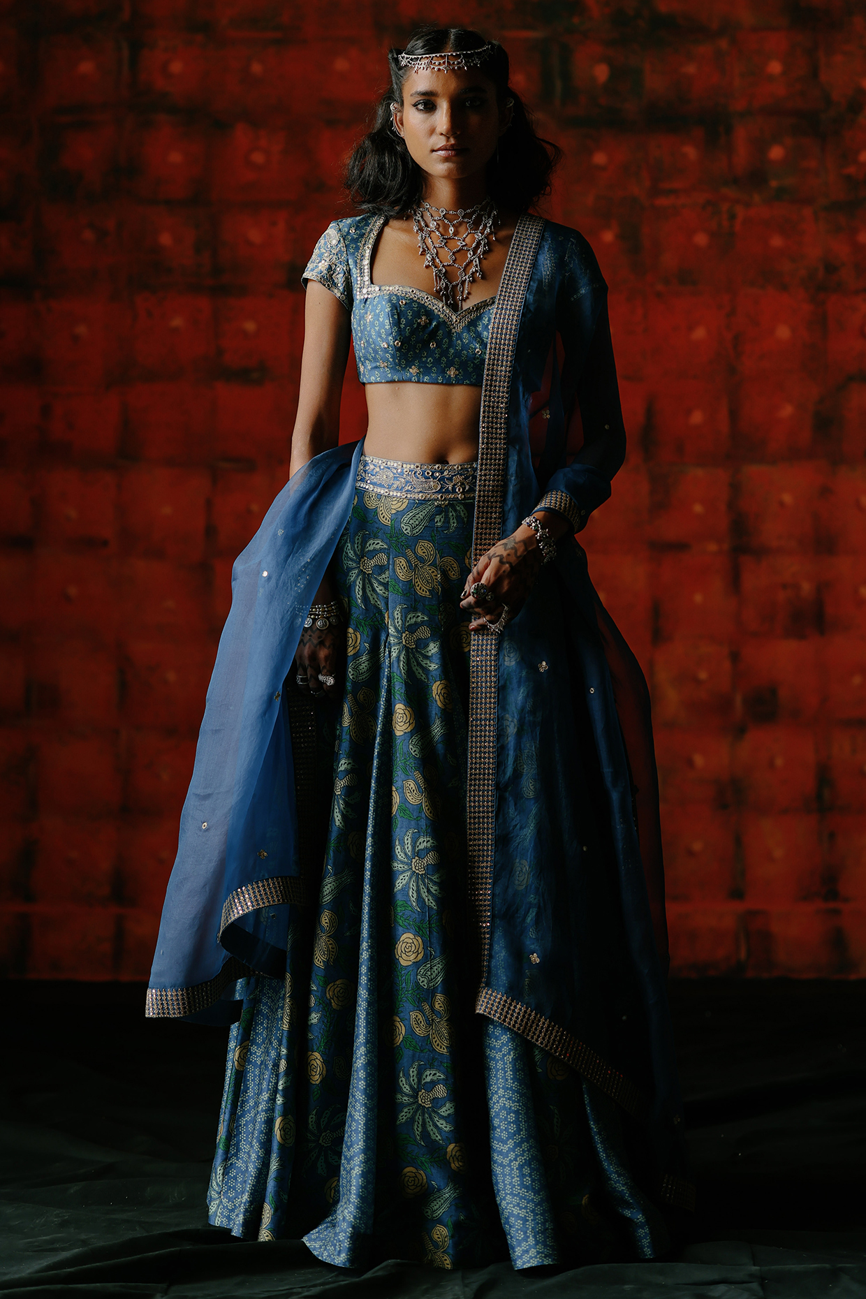 Indigo Blue Dupion Silk Mix Printed Wedding Lehenga Set by Drishti & Zahabia at Pernia's Pop Up Shop