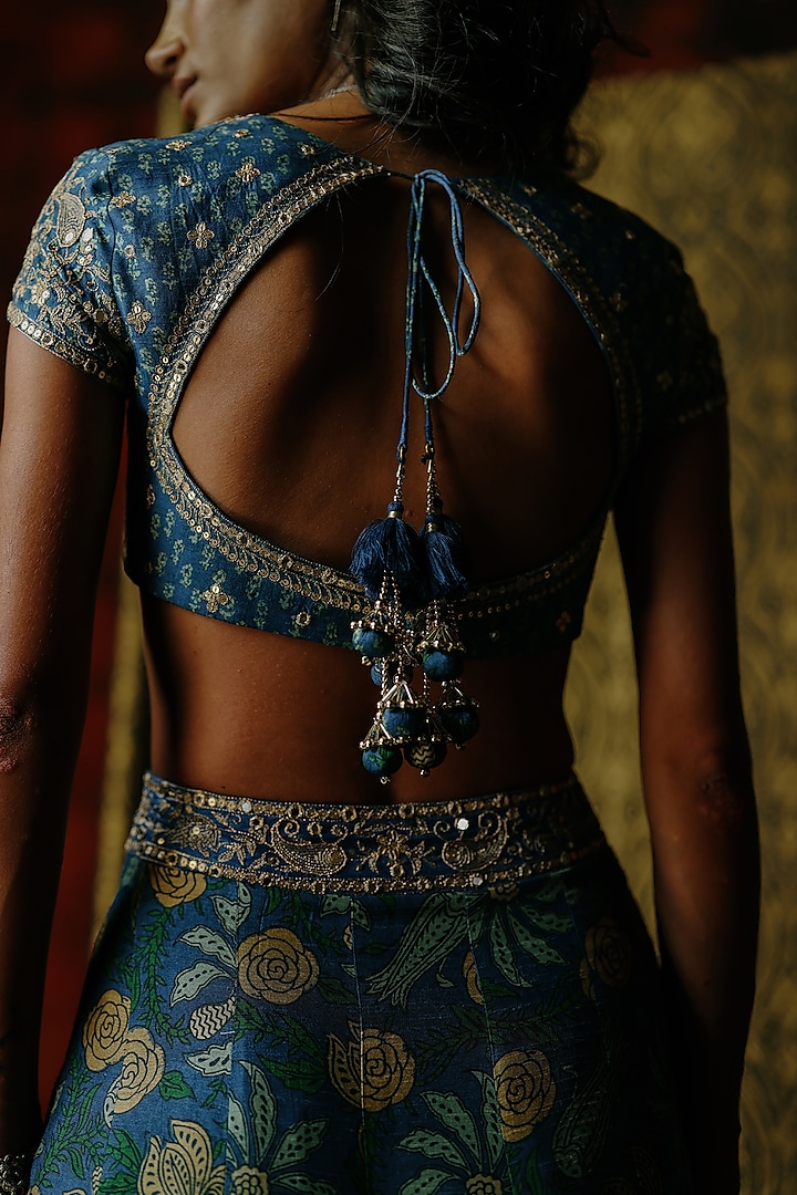 Indigo Blue Dupion Silk Mix Printed Wedding Lehenga Set by Drishti & Zahabia at Pernia's Pop Up Shop