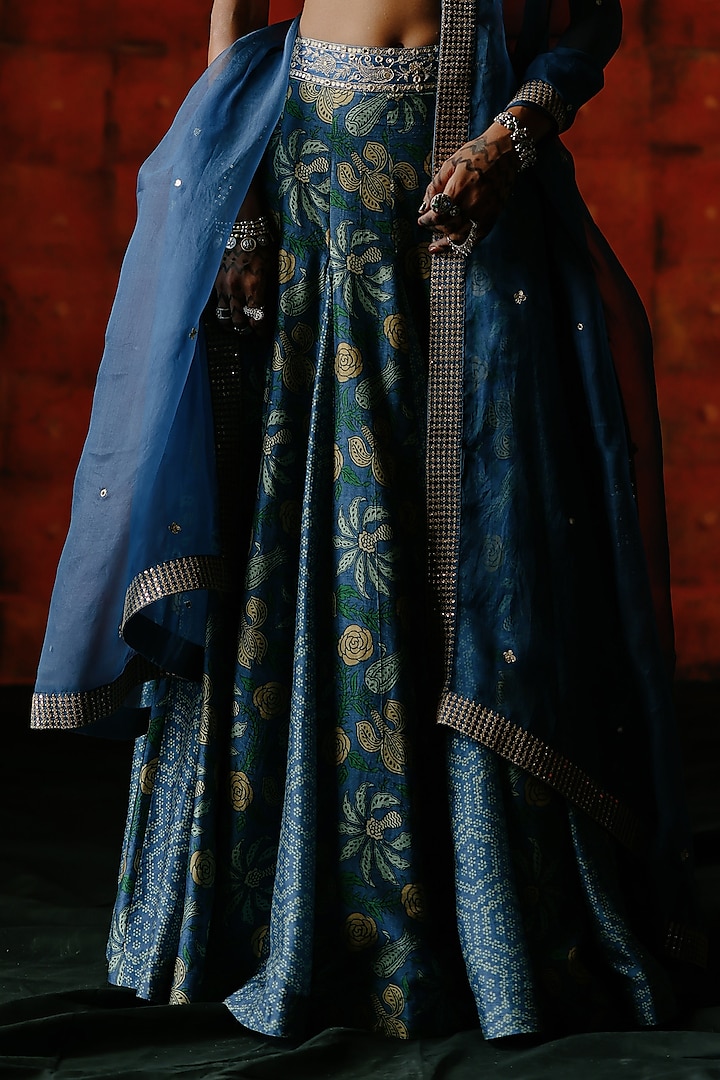 Indigo Blue Dupion Silk Mix Printed Wedding Lehenga Set by Drishti & Zahabia at Pernia's Pop Up Shop
