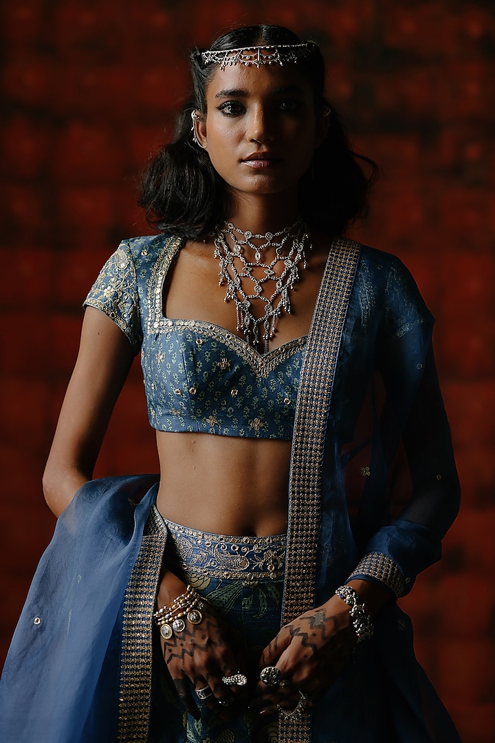 Indigo Blue Dupion Silk Mix Printed Wedding Lehenga Set by Drishti & Zahabia at Pernia's Pop Up Shop