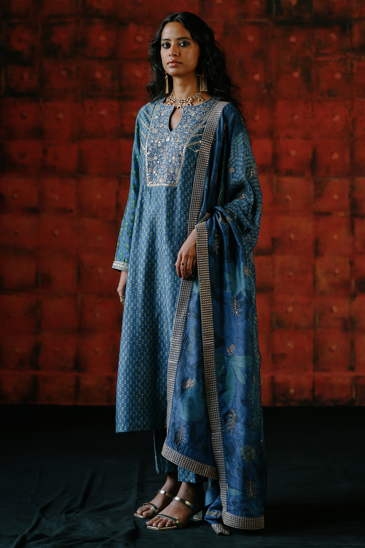 Indigo Blue Dupion Silk Hand Embroidered & Printed Kurta Set by Drishti & Zahabia at Pernia's Pop Up Shop