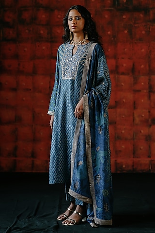Indigo Blue Dupion Silk Hand Embroidered & Printed Kurta Set by Drishti & Zahabia