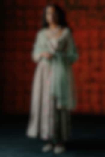 Mint Dupion Silk Hand Embroidered & Printed Wedding Anarkali Set by Drishti & Zahabia at Pernia's Pop Up Shop
