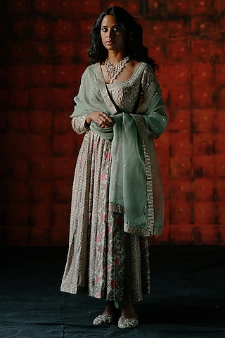 Mint Dupion Silk Hand Embroidered & Printed Anarkali Set by Drishti & Zahabia