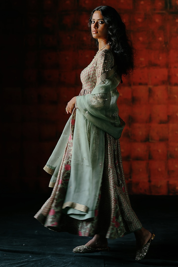 Mint Dupion Silk Hand Embroidered & Printed Wedding Anarkali Set by Drishti & Zahabia at Pernia's Pop Up Shop