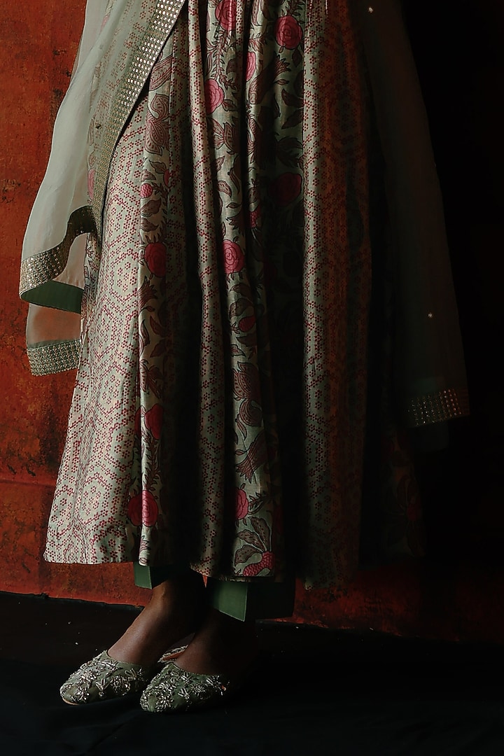 Mint Dupion Silk Hand Embroidered & Printed Wedding Anarkali Set by Drishti & Zahabia at Pernia's Pop Up Shop