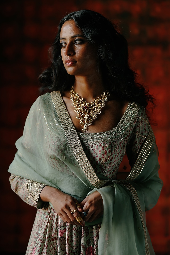 Mint Dupion Silk Hand Embroidered & Printed Wedding Anarkali Set by Drishti & Zahabia at Pernia's Pop Up Shop