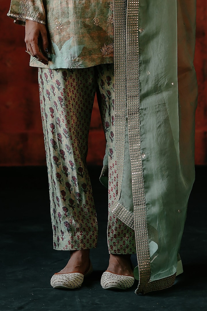 Mint Dupion Silk Hand Embroidered & Printed Tunic Set by Drishti & Zahabia at Pernia's Pop Up Shop