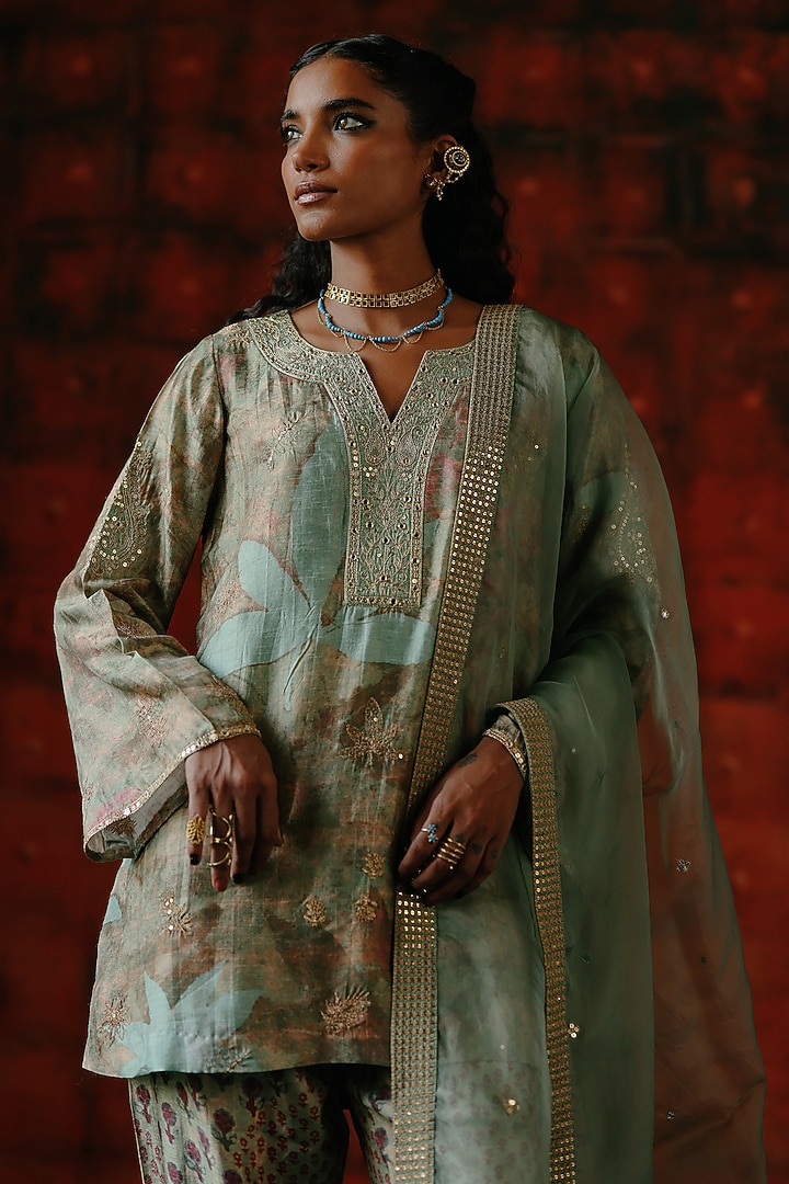 Mint Dupion Silk Hand Embroidered & Printed Tunic Set by Drishti & Zahabia at Pernia's Pop Up Shop