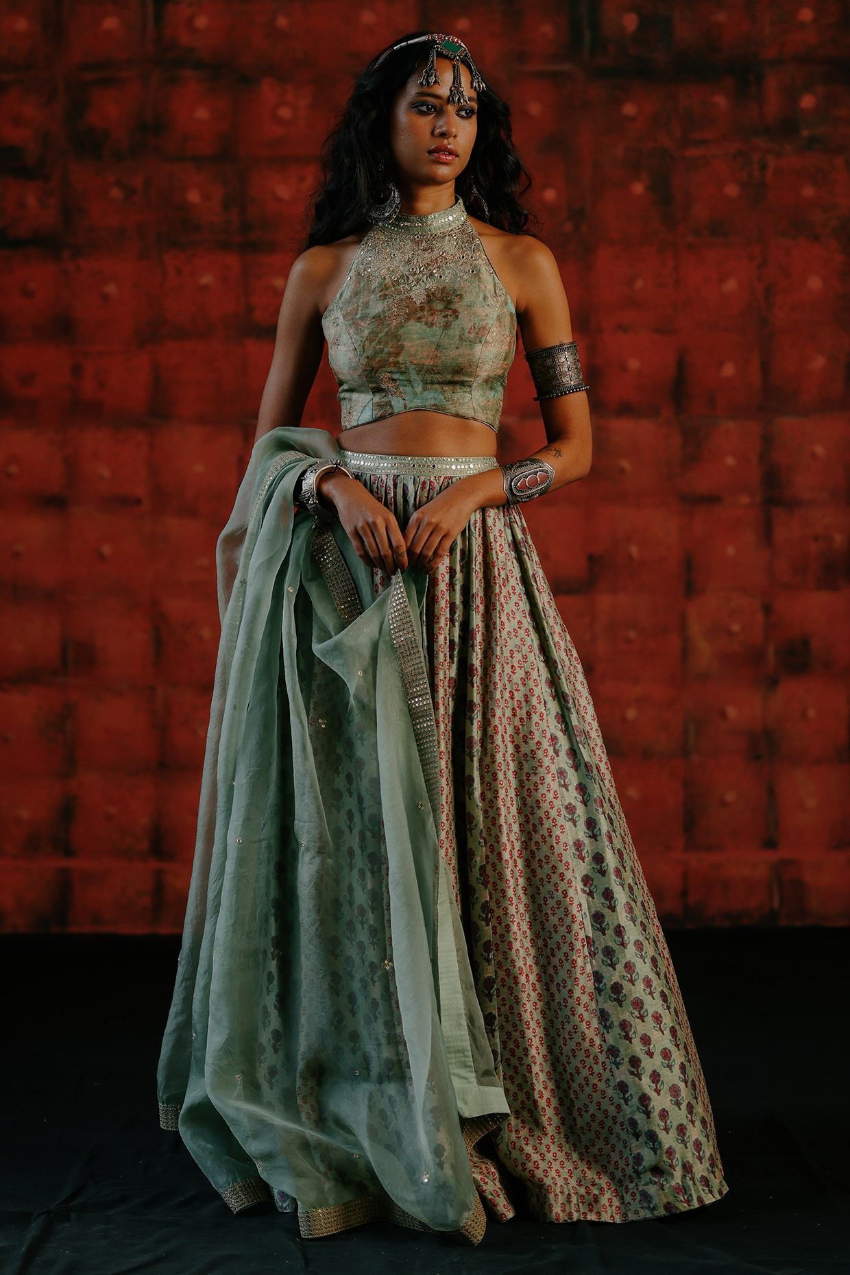 Mint Dupion Silk Mix Printed Wedding Lehenga Set by Drishti & Zahabia at Pernia's Pop Up Shop
