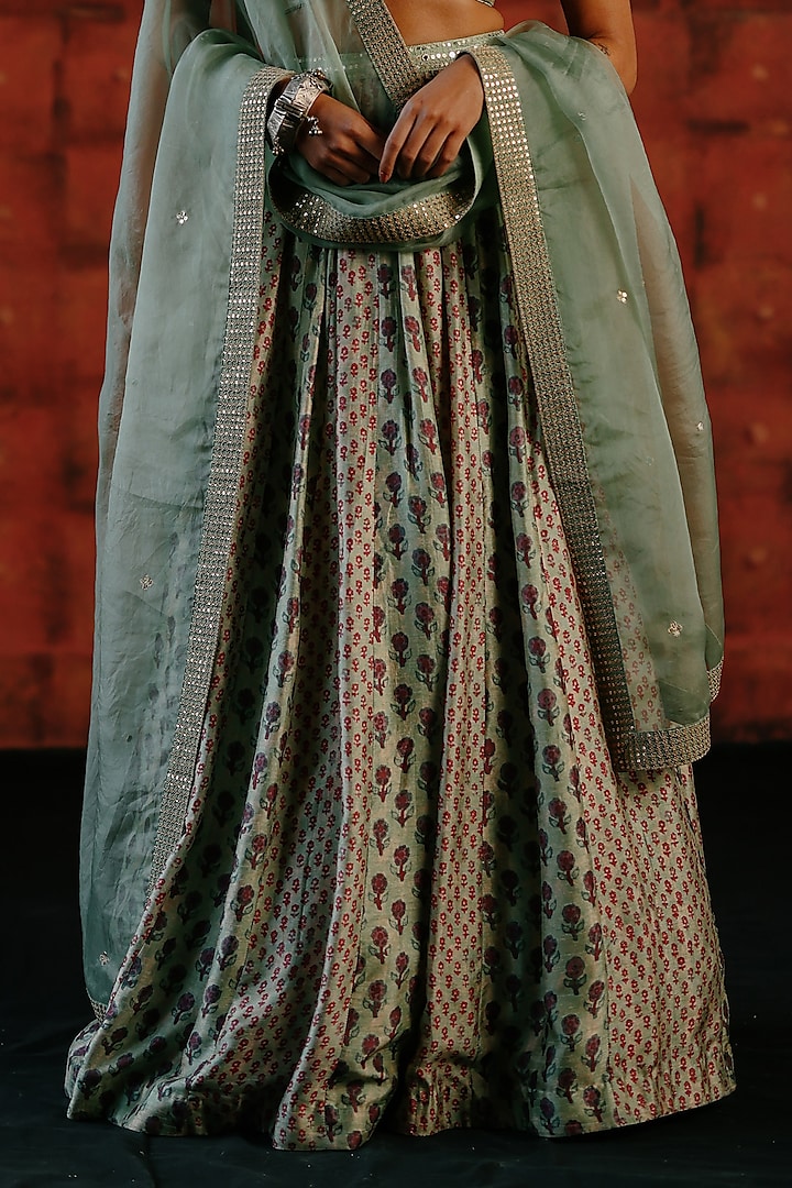 Mint Dupion Silk Mix Printed Wedding Lehenga Set by Drishti & Zahabia at Pernia's Pop Up Shop