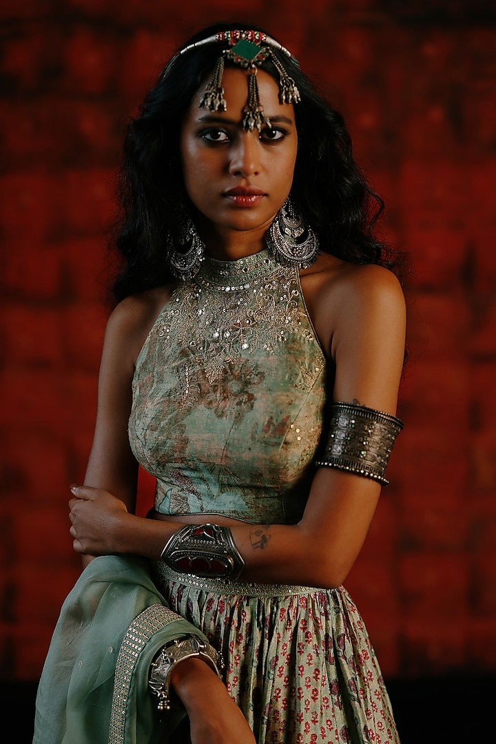 Mint Dupion Silk Mix Printed Wedding Lehenga Set by Drishti & Zahabia at Pernia's Pop Up Shop