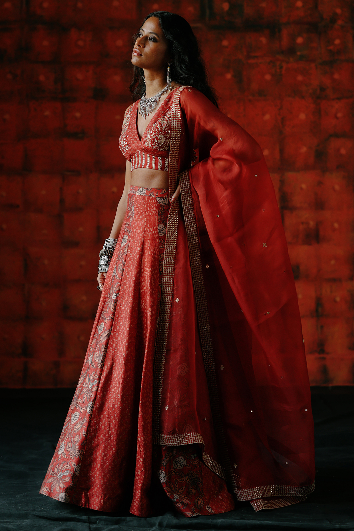 Brick Red Dupion Silk Mix Printed Wedding Lehenga Set by Drishti & Zahabia at Pernia's Pop Up Shop