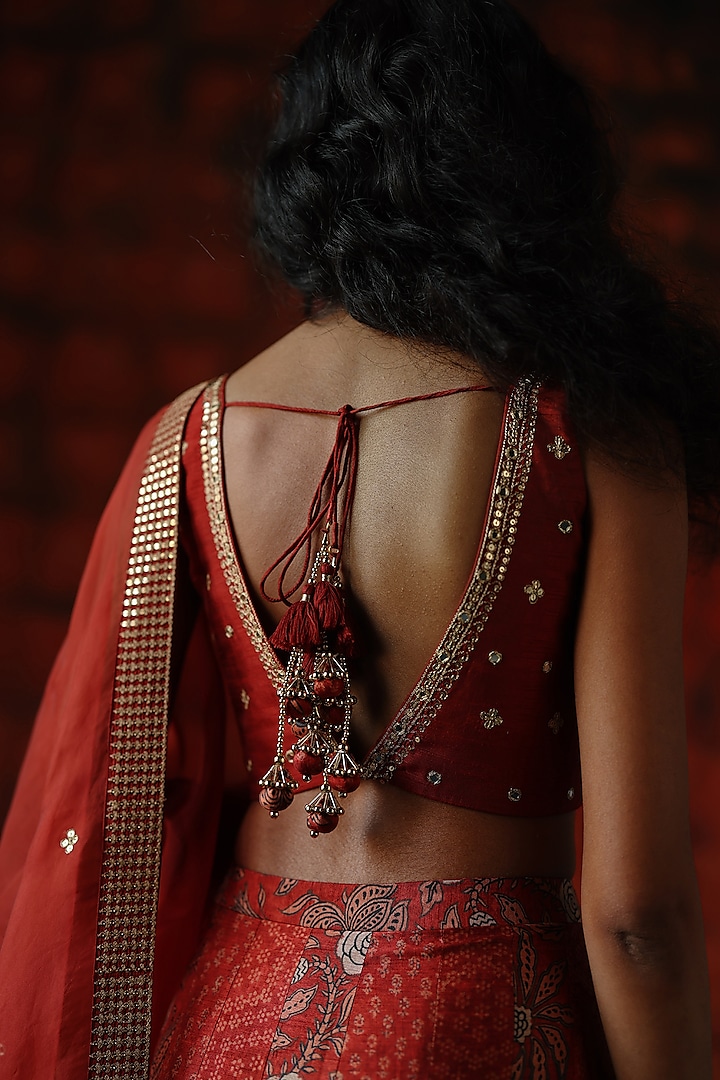 Brick Red Dupion Silk Mix Printed Wedding Lehenga Set by Drishti & Zahabia at Pernia's Pop Up Shop