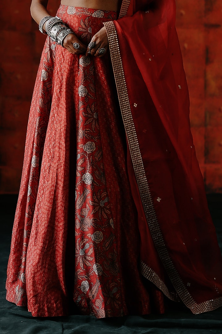 Brick Red Dupion Silk Mix Printed Wedding Lehenga Set by Drishti & Zahabia at Pernia's Pop Up Shop