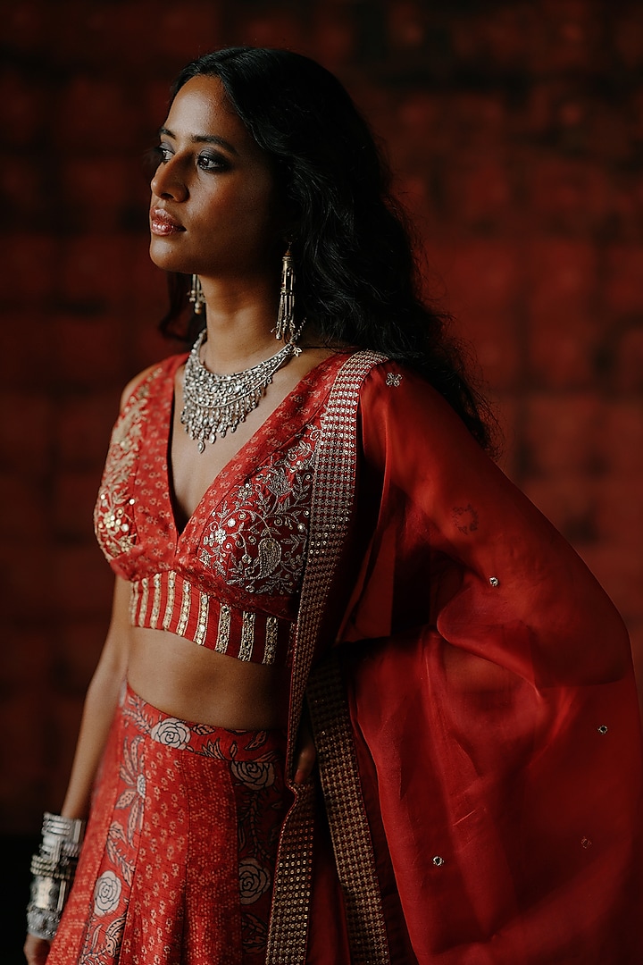 Brick Red Dupion Silk Mix Printed Wedding Lehenga Set by Drishti & Zahabia at Pernia's Pop Up Shop
