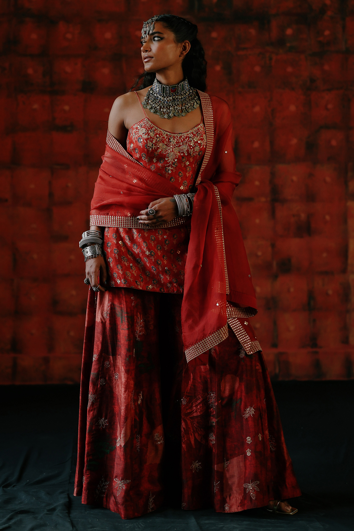 Brick Red Dupion Silk Hand Embroidered Tunic Set by Drishti & Zahabia at Pernia's Pop Up Shop