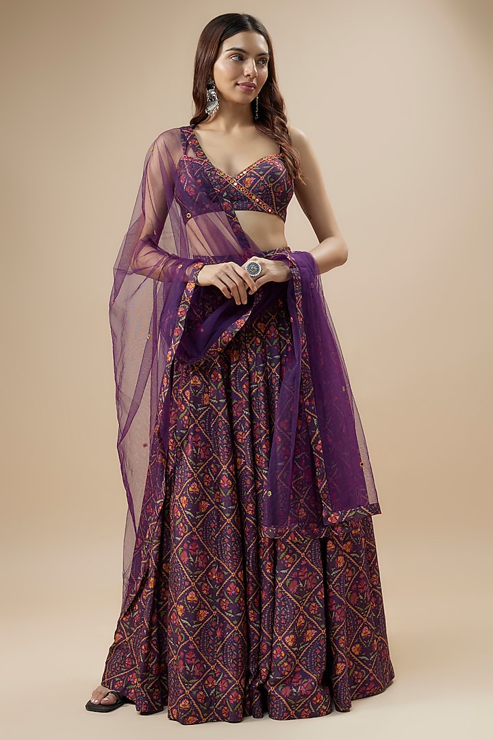 Purple Dupion Silk Floral Printed Lehenga Set by Drishti & Zahabia at Pernia's Pop Up Shop