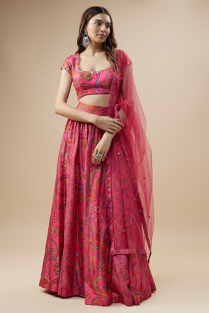 Fuchsia Dupion Silk Floral Printed Lehenga Set by Drishti & Zahabia at Pernia's Pop Up Shop