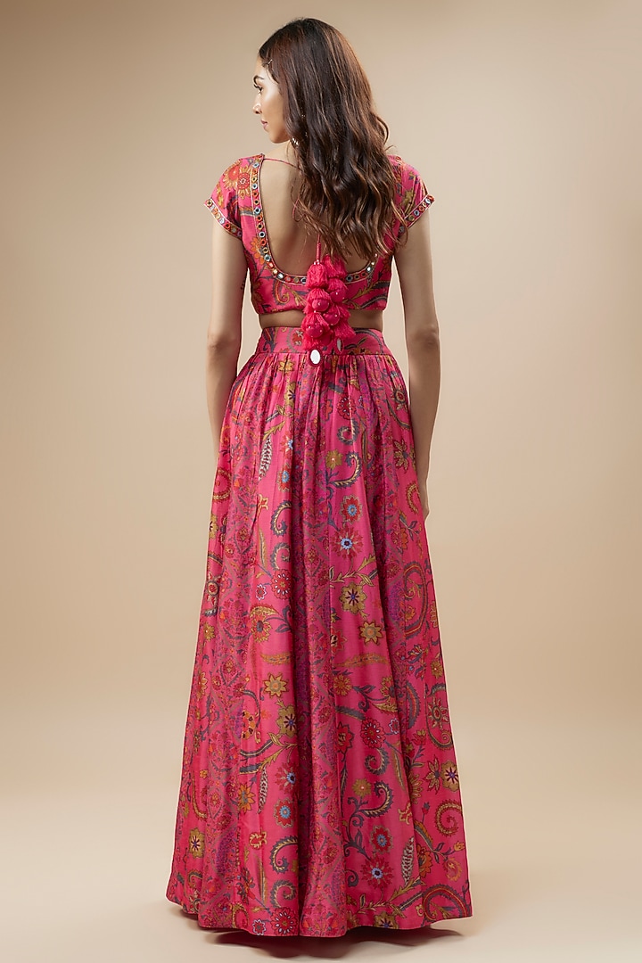 Fuchsia Dupion Silk Floral Printed Lehenga Set by Drishti & Zahabia at Pernia's Pop Up Shop