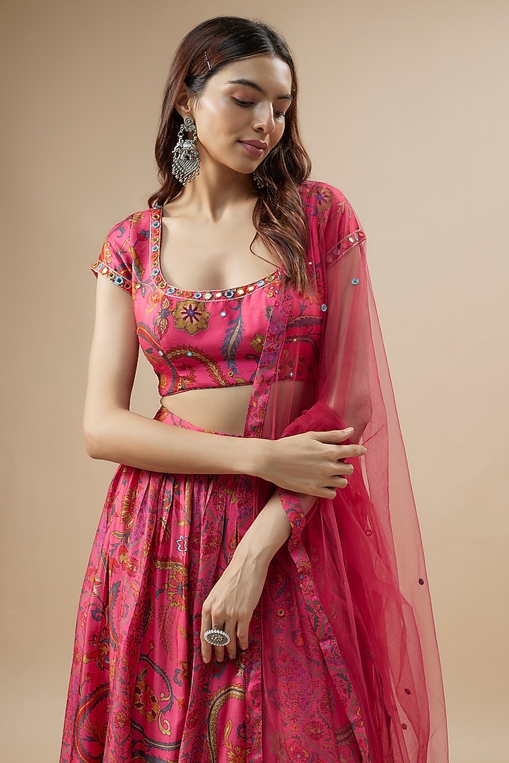 Fuchsia Dupion Silk Floral Printed Lehenga Set by Drishti & Zahabia at Pernia's Pop Up Shop