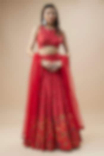 Red Dupion Silk Floral Printed Lehenga Set by Drishti & Zahabia at Pernia's Pop Up Shop