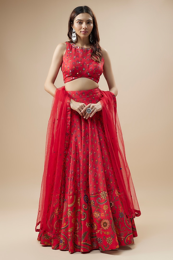 Red Dupion Silk Floral Printed Lehenga Set by Drishti & Zahabia at Pernia's Pop Up Shop