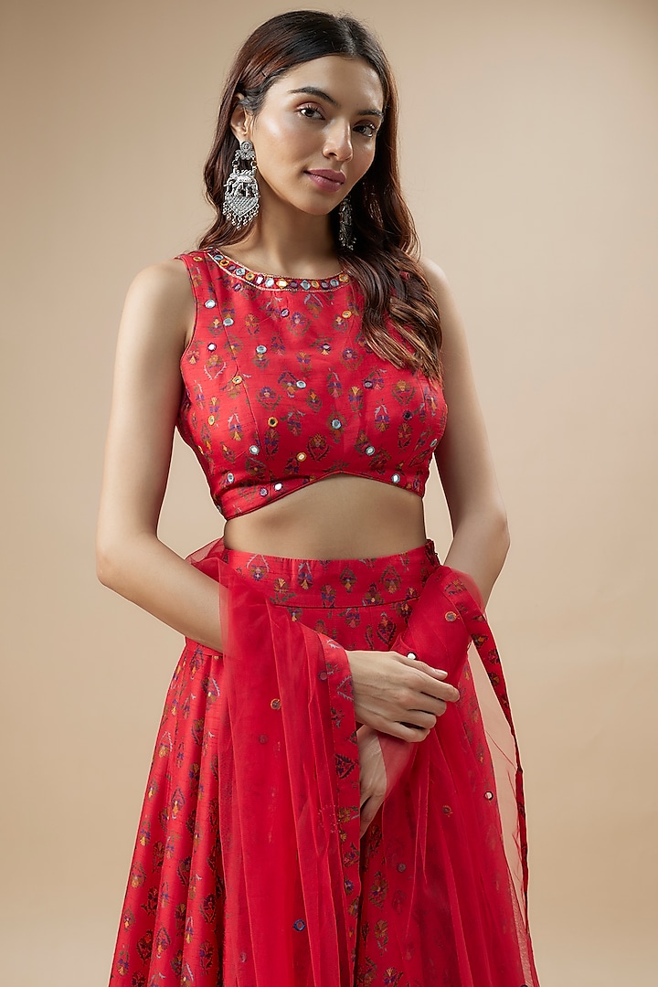 Red Dupion Silk Floral Printed Lehenga Set by Drishti & Zahabia at ...