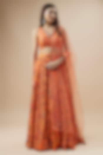 Peach Dupion Silk Floral Printed Lehenga Set by Drishti & Zahabia at Pernia's Pop Up Shop