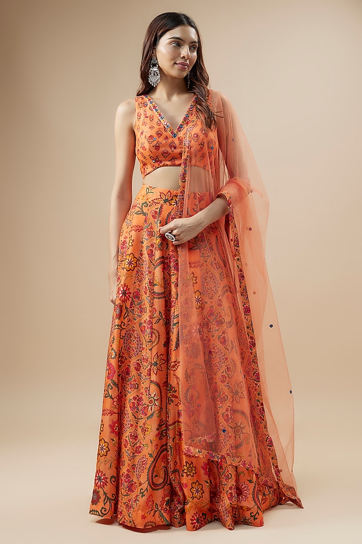 Peach Dupion Silk Floral Printed Lehenga Set by Drishti & Zahabia at Pernia's Pop Up Shop