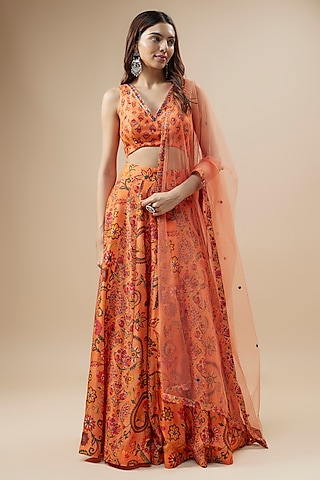 Peach Dupion Silk Floral Printed Lehenga Set by Drishti & Zahabia