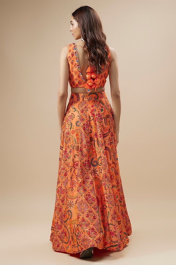 Peach Dupion Silk Floral Printed Lehenga Set by Drishti & Zahabia at Pernia's Pop Up Shop
