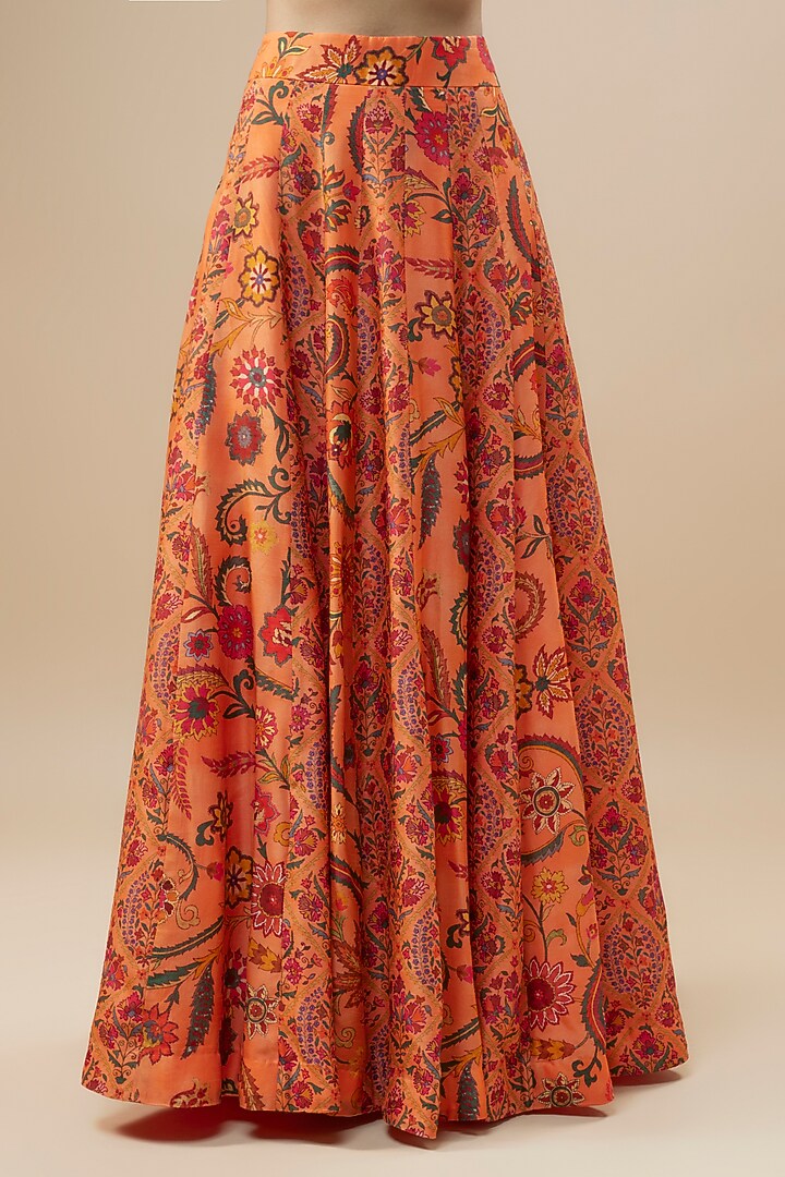 Peach Dupion Silk Floral Printed Lehenga Set by Drishti & Zahabia at Pernia's Pop Up Shop