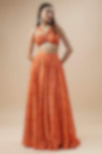 Peach Dupion Silk Floral Printed Skirt Set by Drishti & Zahabia at Pernia's Pop Up Shop