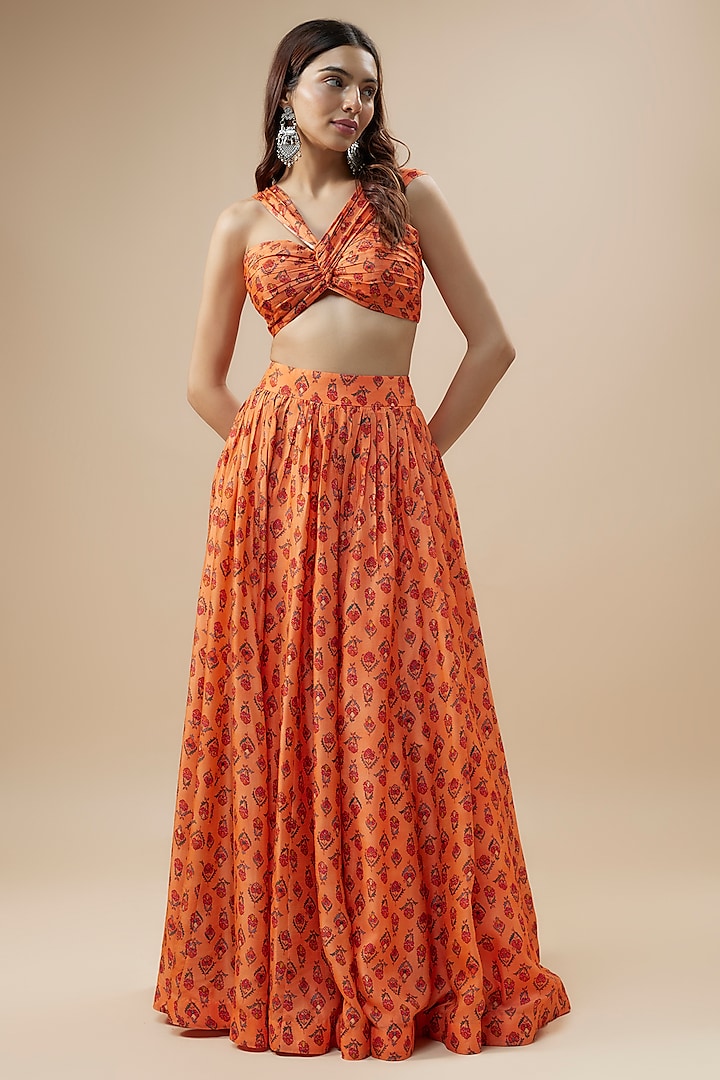 Peach Dupion Silk Floral Printed Skirt Set by Drishti & Zahabia at Pernia's Pop Up Shop