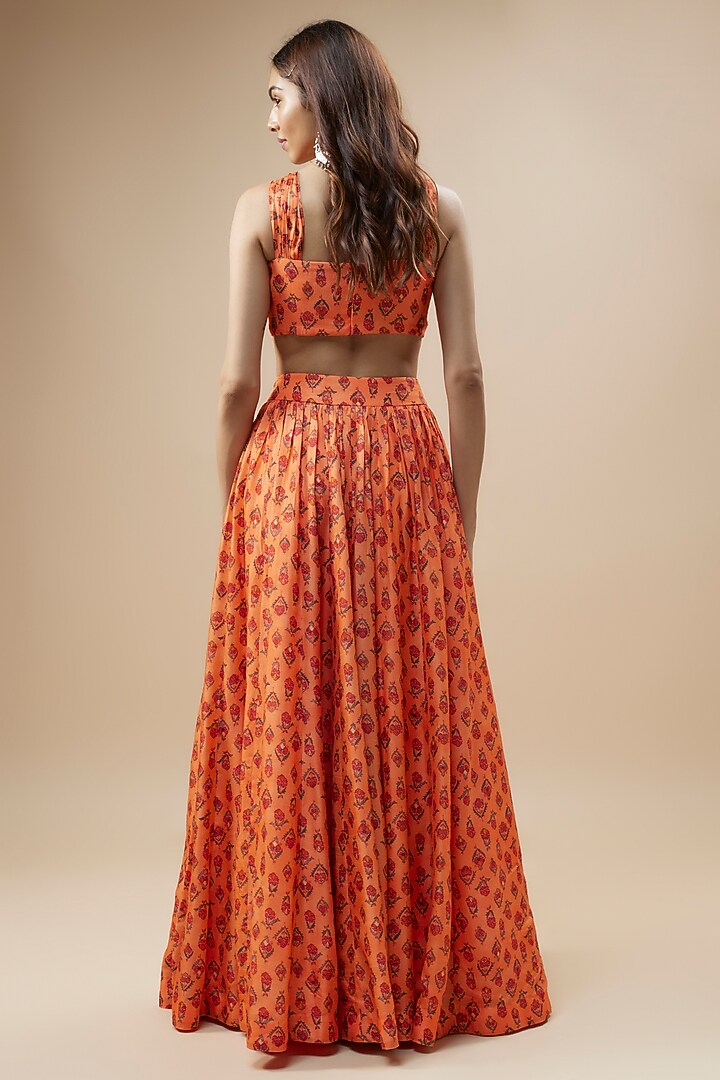 Peach Dupion Silk Floral Printed Skirt Set by Drishti & Zahabia at Pernia's Pop Up Shop