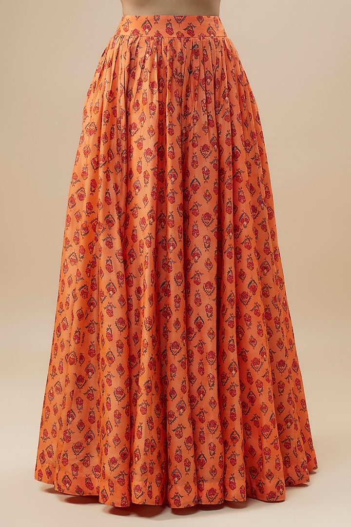 Peach Dupion Silk Floral Printed Skirt Set by Drishti & Zahabia at Pernia's Pop Up Shop