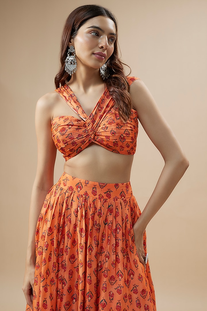 Peach Dupion Silk Floral Printed Skirt Set by Drishti & Zahabia at Pernia's Pop Up Shop